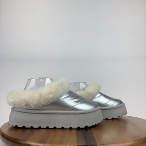 Womens Steve Madden‎ Unitie Faux Fur Lined Silver Platform Clog Slippers SZ 6 M